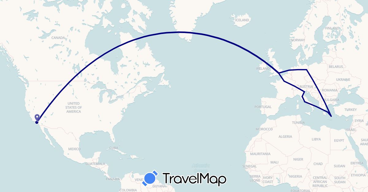 TravelMap itinerary: driving in Germany, France, United Kingdom, Greece, Italy, Netherlands, United States (Europe, North America)